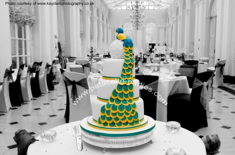 Wedding Cake 'Louise' - hand-made sugar peacock feathers cascade down this 4 tier cake at Blenheim Palace - Pat-a-Cake Parties