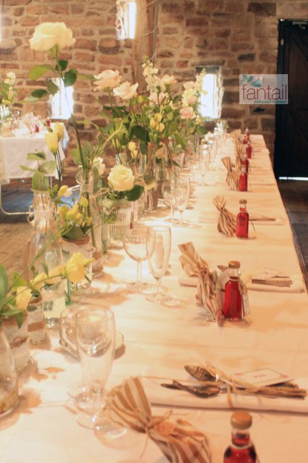 Fantail Florist Summer Jam Jars and Medicine bottle centres at Manorial Barn, Rotherham - Fantail Designer Florist