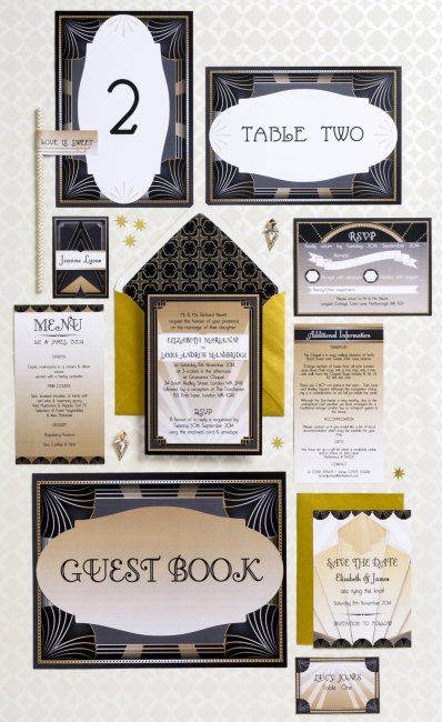 Art deco black and gold 1920s style wedding invitations and stationery - Hip Hip Hooray