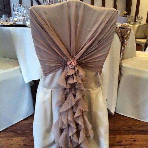 vintage nude ruffle chair hood - Ellis Events - Creative Chair Cover Hire and Venue Styling