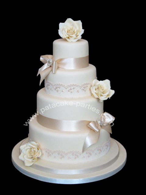 Wedding Cake 'Amelia' - satin ribbons & lace, with hand-made sugar flowers. - Pat-a-Cake Parties