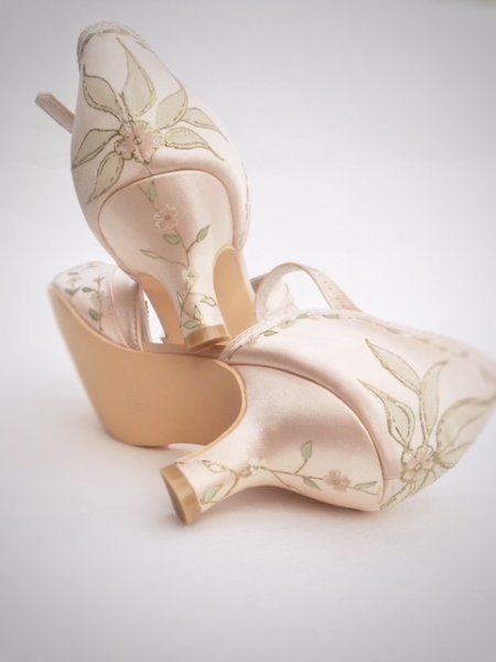 hand painted embroidered effect design onto peach satin - Beautiful Moment hand painted wedding shoes