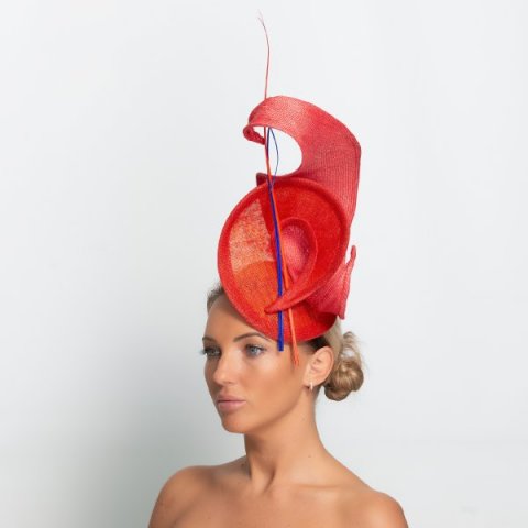 Futuristic bright red headpiece. - Katherine Elizabeth Millinery