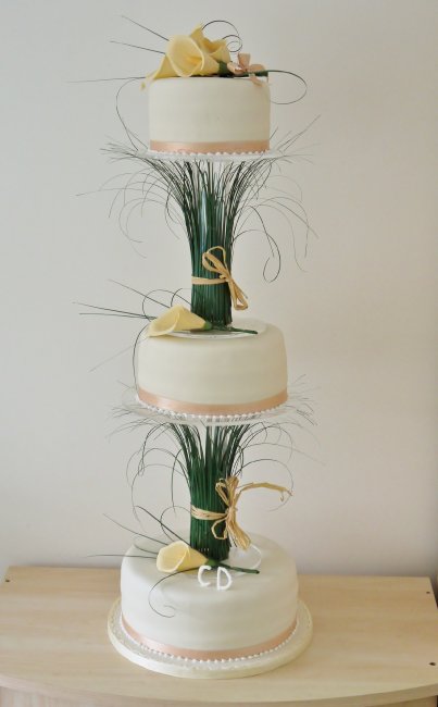 Elegant Cake stacked on perpex pillars and bear grass - Elizabeth Ann's Confectionery