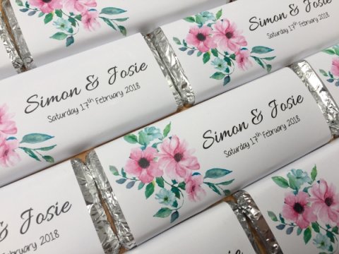Pink Mint Watercolour Florals Chocolate Wedding Favours - WrapperStar