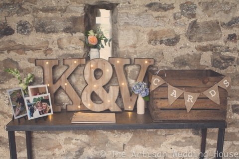 LED letters, wooden box with hessian bunting, Healey Barn - THE ARTISAN WEDDING HOUSE