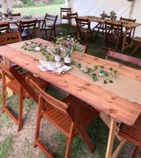 Rustic tables and wooden chairs - Southern Furniture Hire