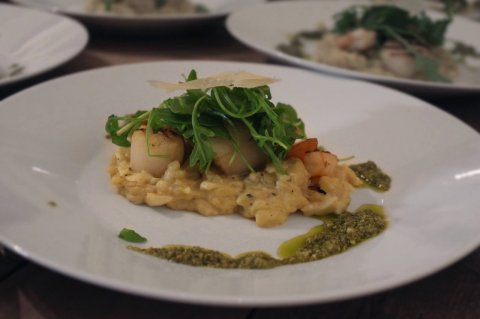 Orzo Risotto with Grilled Prawns, Scallops and Courgette Carpaccio - Benson's Catering Limited