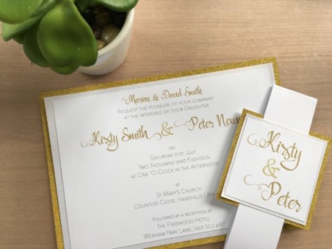 Gold Glitter Bundled Invitation & Belly Band - The House of Airey Wedding Stationery