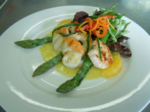 Starter Asparagus Scallop and prawn dressed with orange butter sauce - Claires Kitchen