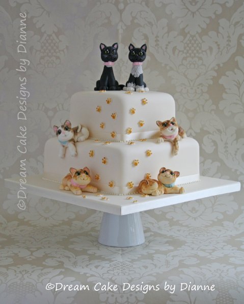 2 Tier White 'Quirky Cats' Wedding Cake ... cats modelled from photographs of the couples own cats - Dream Cake Designs (Dianne Stanley)