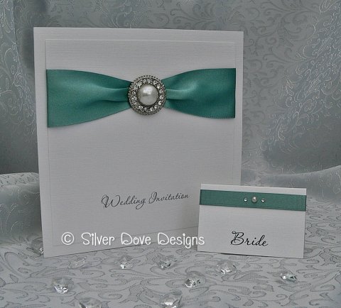 Glamour - a beautiful diamante and pearl effect embellishment on a wide satin ribbon - Silver Dove Wedding Stationery