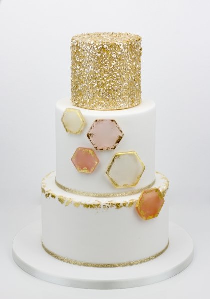 Gold edible sequins with edible gold leaf hexagons - Fay's cakes