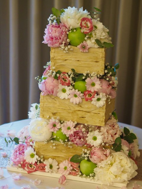 Wooden crate wedding cake with fresh flowers and fruits - Sarah Louise Cakes