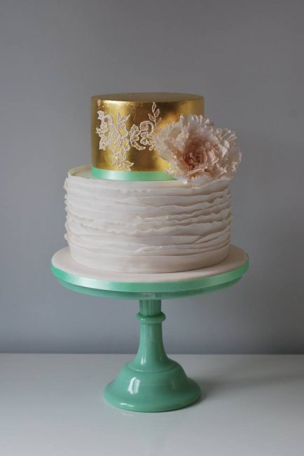 Gold leaf and pleated cake with statement handcrafted sugar flower - Little Bear Cakery