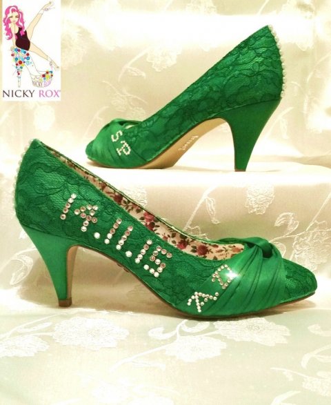 Emerald green dyed shoes with crystal wedding date and initials - Nicky Rox Designs