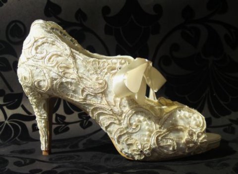 Design: Regency @ Nicky Rox. Shoes purchased via Nicky Rox and embellished with several layers of gold embroidered edged lace and pearls and Swarovski crystals in the flower centres. - Nicky Rox Designs
