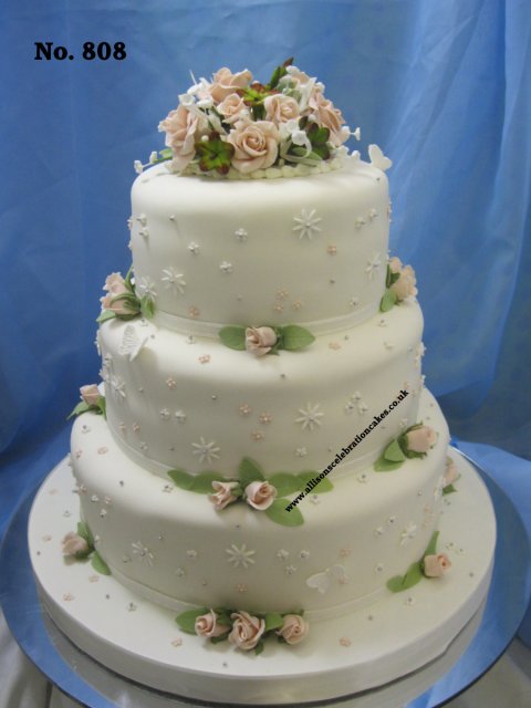 No. 808 Three tier with pale peach roses - Allison's Celebration Cakes