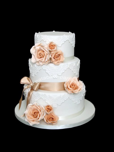 Wedding Cake 'Maryam' - lace applique and hand-made sugar roses - Pat-a-Cake Parties
