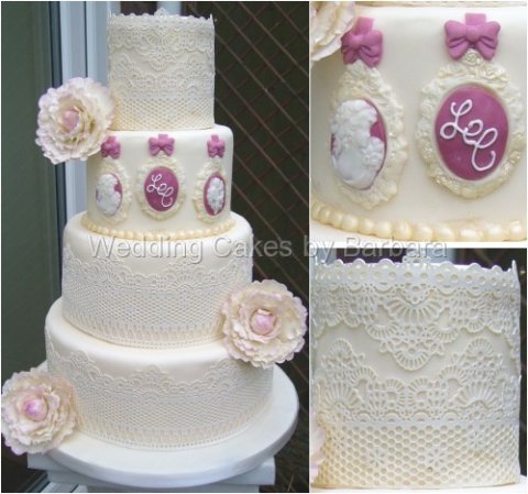 Chantilly - 10/8/6/4 inch wedding cake with edible lace and cameos £350 - Wedding Cakes by Barbara