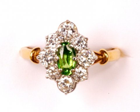 Edwardian style demantoid green garnet &diamond marquise ring £1750 - N.Bloom & Son