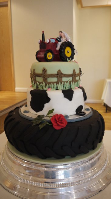 Novelty Farm Wedding cake with tractor cake topper - Elizabeth Ann's Confectionery