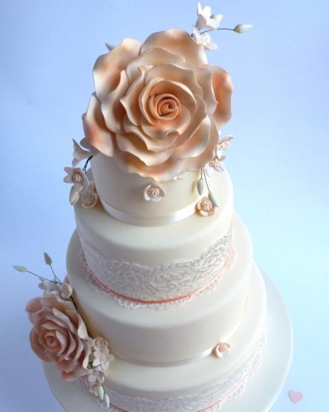 Everything I Ever Wanted. Everything I ever wanted, 4 tiers of pure vintage romance, delicate white lace, beautiful large sugar roses and dainty blossoms. The cakes can be coated white or cream and we can add a little touch of colour to the centres of the flowers. - Karen's Cakes 
