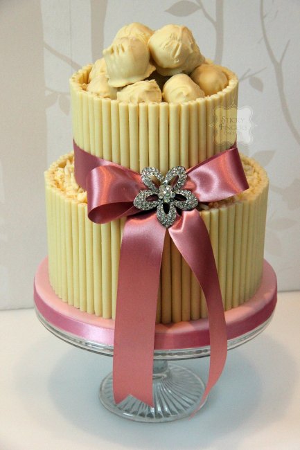 2 Tier White Chololate cigarillo Wedding Cake - Sticky Fingers Cake Co