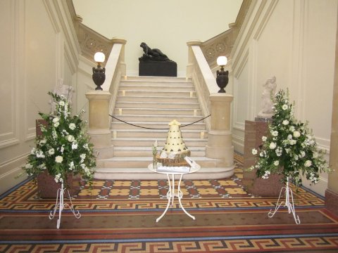 Wedding cake at the foot of the marble staircase - Whitbourne Hall