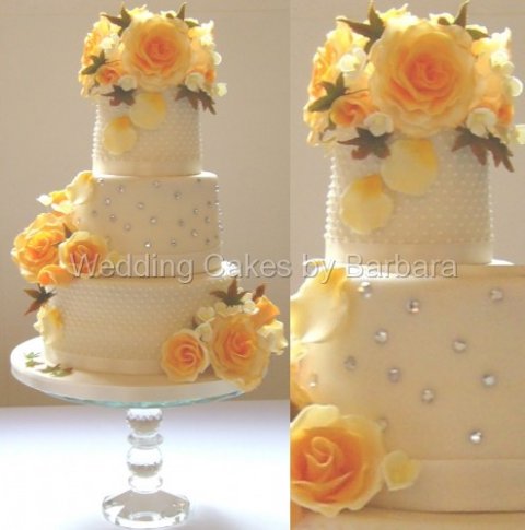 Dolly - 8/6/4 inch wedding cake with piped dots and crystals and sugar roses - Wedding Cakes by Barbara