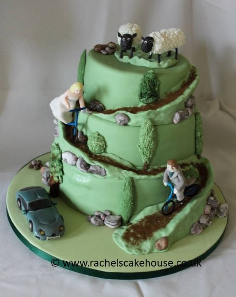 Mountain bike lovers cake with sheep toppers - Rachel's Cake House