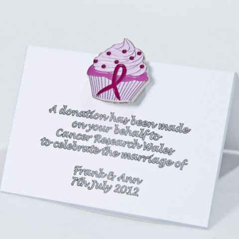 Wedding Favour with Pink Cupcake Pin - Cancer Research Wales - Wedding Favours