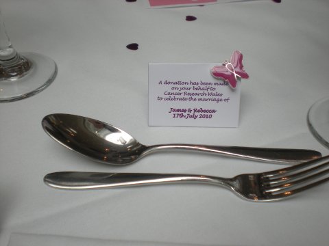 Wedding Favour with Butterfly Pin on place setting - Cancer Research Wales - Wedding Favours